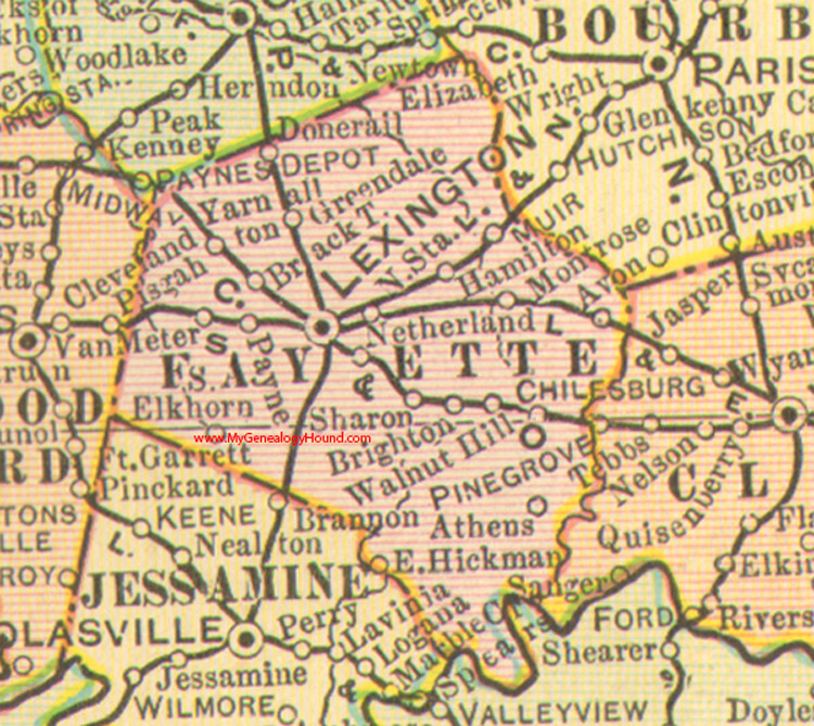 Fayette County, Kentucky vintage 1905 map, Lexington, Athens, Avon, Bracktown, Chilesburg, Donerail, Elkhorn, Montrose, Muir, Yarnallton, KY