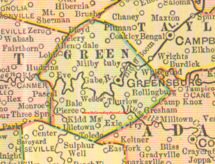 Green County, Kentucky 1905 Map Greensburg, KY, Bloyd, Bluff Boom, Camp Knox, Coakley, Exie, Liletown, Rollingburg, Thurlow, Whitewood