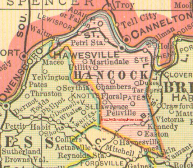 Hancock County, Kentucky vintage 1905 Map Hawesville, Adair, Dukes, Easton, Lewisport, Martindale, Patesville, Pellville, Skillman, KY