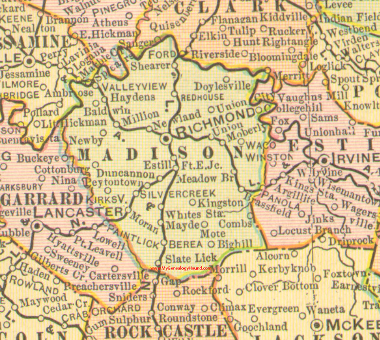 Madison County, Kentucky 1905 Map Richmond, KY, Berea, Union City, Doylesville, Duncannon, Mayde, Peytontown, Redhouse, Slate Lick, Waco, Combs