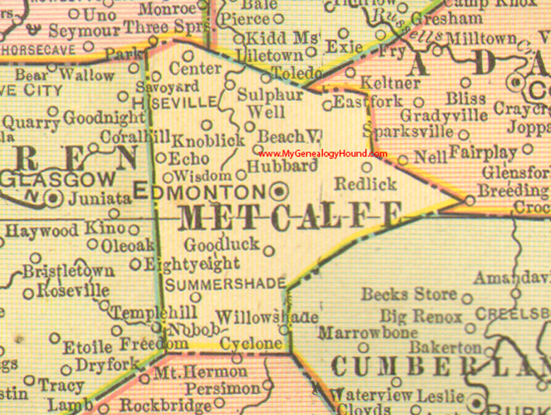 Metcalfe County, Kentucky 1905 Map Edmonton, KY, Summer Shade, Beachville, Echo, Goodluck, Knob Lick, Red Lick, Savoyard, Sulphur Well, Toledo 