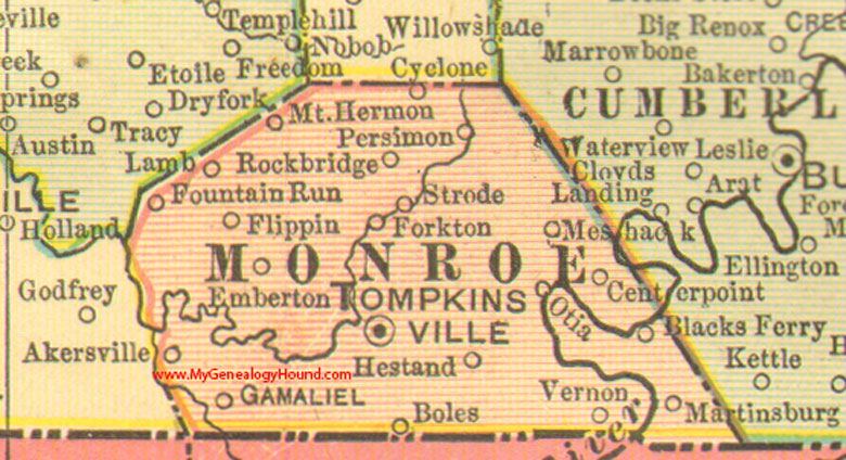 Monroe County, Kentucky 1905 Map Tompkinsville, KY, Fountain Run, Gamaliel, Akersville, Boles, Emberton, Flippin, Hestand, Martinsburg, Meshack, Otia, Stode 