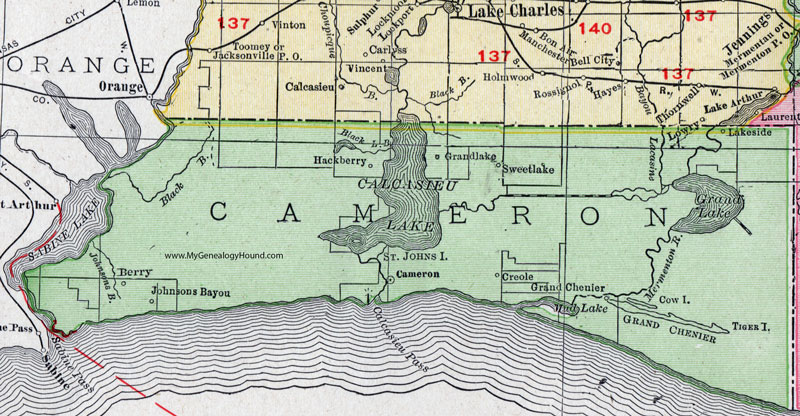 Cameron Parish, Louisiana, 1911, Map, Rand McNally, City of Cameron, Hackberry, Creole, Grand Lake, Grand Chenier