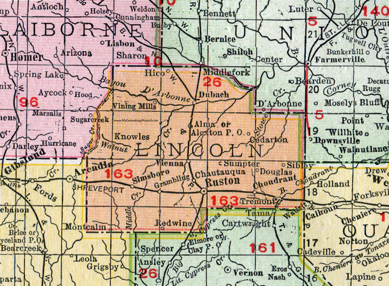 Lincoln Parish, Louisiana, 1911, Map, Rand McNally, Ruston, Choudrant, Grambling, Simsboro, Vienna, Dubach, Sibley, Hico