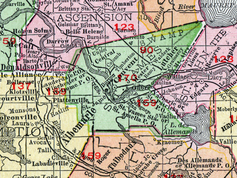 St. James Parish, Louisiana, 1911, Map, Rand McNally, Convent, Lutcher, City of St. James, Gramercy, Vacherie, Welcome, Union, Walderk