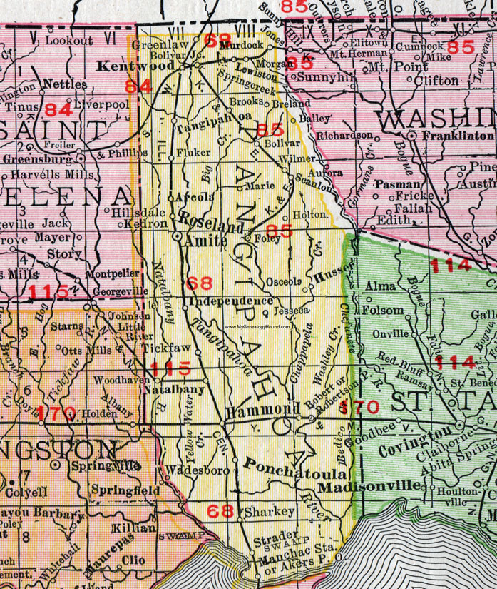 Tangipahoa Parish, Louisiana, 1911, Map, Rand McNally, Amite, Roseland, Hammond, Ponchatoula, Kentwood, Independence, Natalbany, Tickfaw