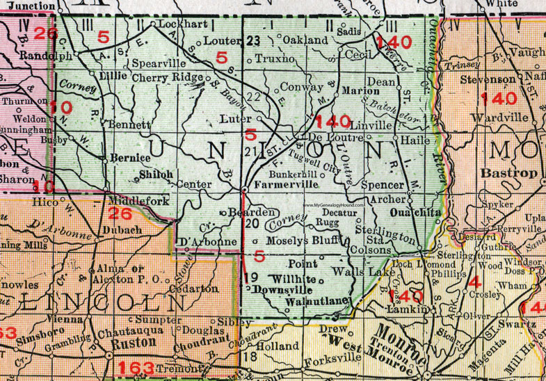Union Parish, Louisiana, 1911, Map, Rand McNally, Farmerville, Bernice, Marion, Haile, Oakland, Spearville, Lillie, Spencer, Downsville