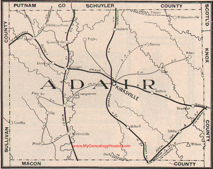 Adair County Missouri Map 1904 Kirksville, Novinger, Brashear, Millard, Gibbs, Sublette, MO
