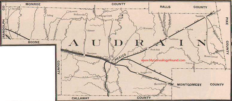 Audrain County Missouri Map 1904 Mexico, Laddonia, Vandalia, Farber, Rush Hill, Benton City. Thompson, MO