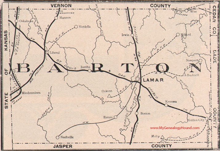 Barton County Missouri Map 1904 Lamar, Golden City, Liberal, Mindenmines, Iantha, Irwin, Milford, Oskaloosa, Nashville, Boston, MO