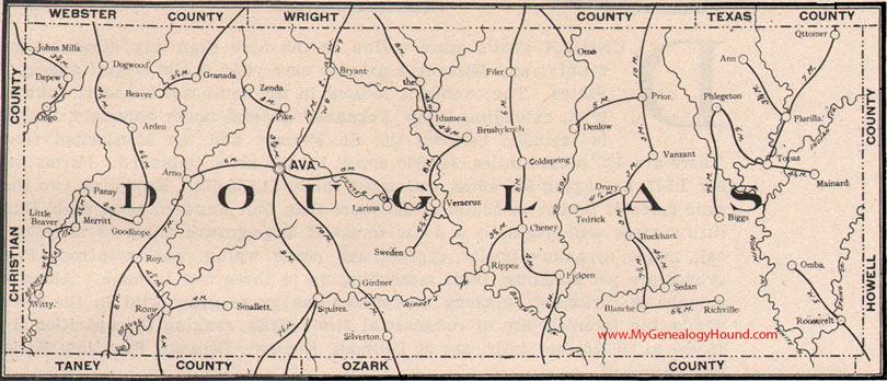 Douglas County Missouri Map 1904 Ava, Drury, Vanzant, Squires, Rome, Goodhope, Bryant, MO