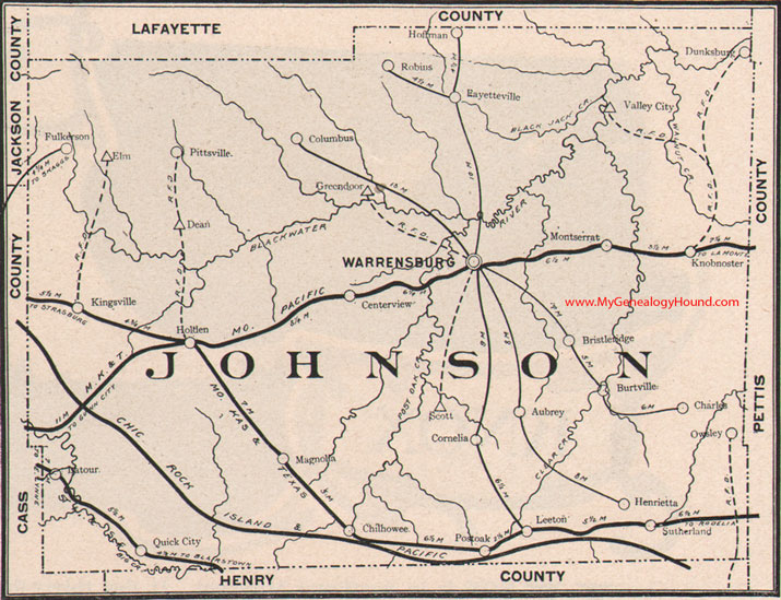Johnson County Missouri Map 1904 Warrensburg, Holden, Knob Noster, Kingsville, Columbus, Chilhowee, Pittsville, Montserrat, MO