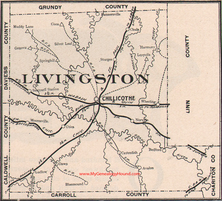 Livingston County Missouri Map 1904 Chillicothe, Utica, Chula, Mooresville, Dawn, Wheeling, Avalon, Ludlow, MO