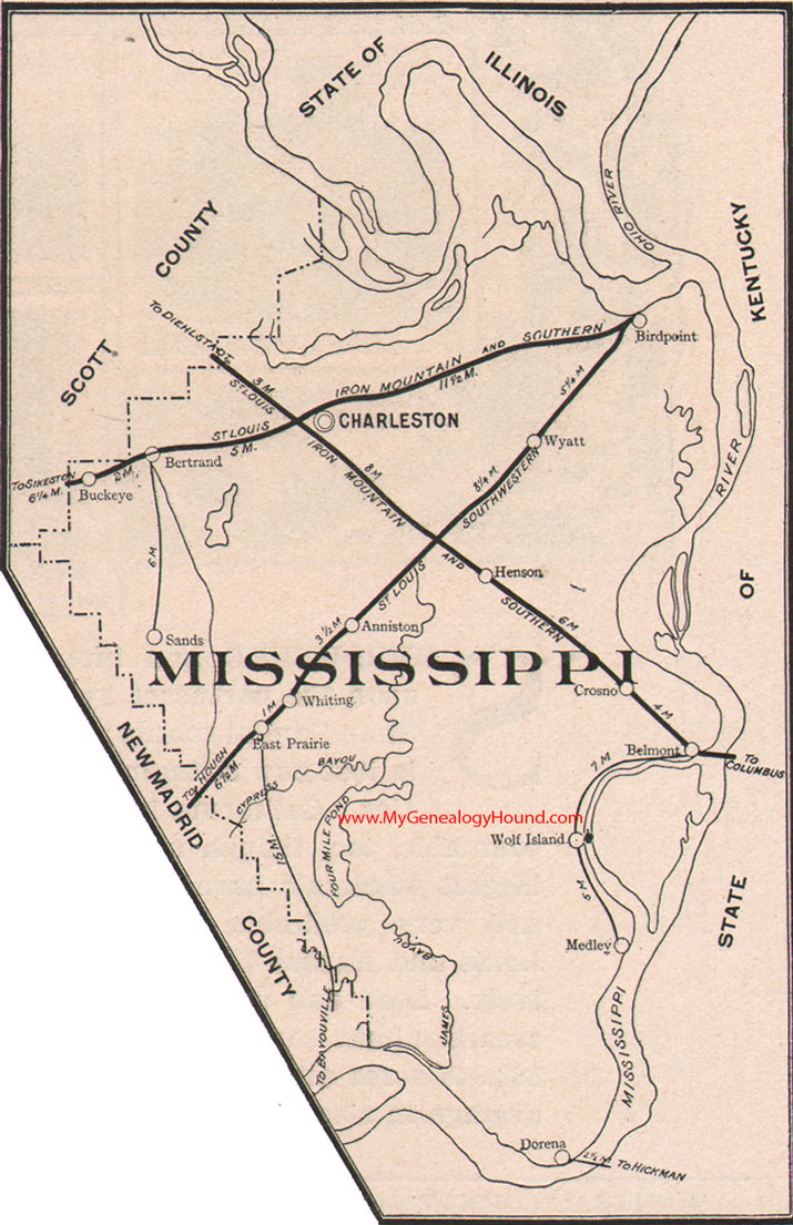 Mississippi County Missouri Map 1904 Charleston, East Prairie, Bertrand, Anniston, Wyatt, Wolf Island, Whiting, MO