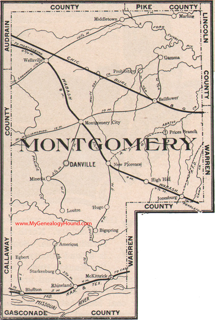 Montgomery County Missouri Map 1904 Danville, Montgomery City, Wellsville, New Florence, High Hill, Bellflower, Jonesburg, Rhineland, MO