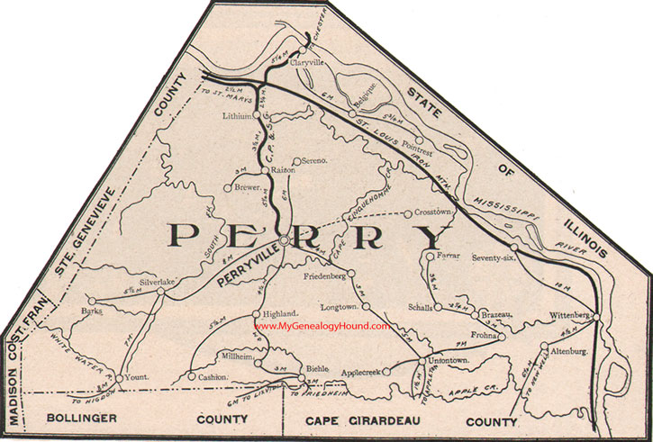 Perry County Missouri Map 1904 Perryville, Wittenberg, Altenburg, Uniontown, Longtown, Silver Lake, Frohna, MO
