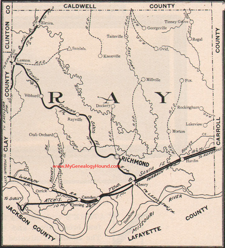 Ray County Missouri Map 1904 Richmond, Orrick, Hardin, Camden, Lawson, Knoxville, Dockery, MO 