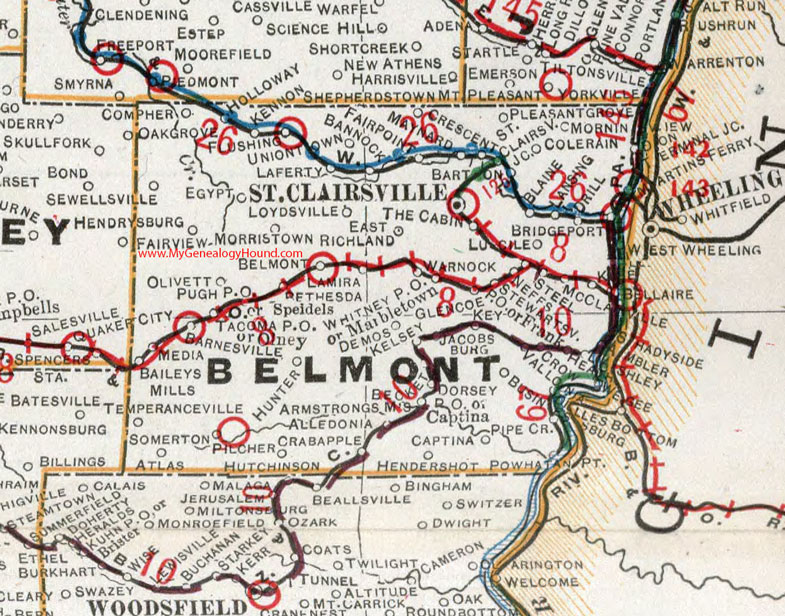 Belmont County, Ohio 1901 Map St. Clairsville, Barnesville, Bethesda, Holloway, Bridgeport, Powhatan Point, Neffs, Martins Ferry, OH