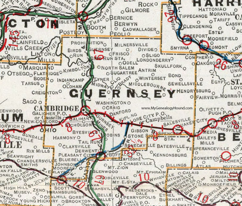 Guernsey County, Ohio 1901 Map Cambridge, Byesville, Senecaville, Antrim, Fairview, Quaker City, Old Washington, Kipling, Buffalo, Derwent, OH