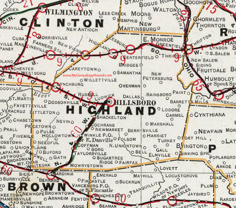 Highland County, Ohio 1901 Map Hillsboro, Leesburg, Greenfield, Lynchburg, Mowrystown, Buford, Dodsonville, Marshall, Gath, Sugar Tree Ridge, OH