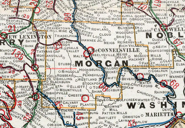 Morgan County, Ohio 1901 Map McConnelsville, Malta, Eagleport, Stockport, Pennsville, Reinersville, Chesterhill, Triadelphia, Neelysville, Ringgold, OH