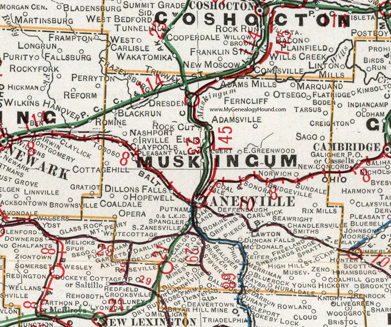 Muskingum County, Ohio 1901 Map, Zanesville, South Zanesville, Dresden, Frazeysburg, Trinway, Norwich, New Concord, Philo, Blue Rock, Chandlersville, Roseville, OH