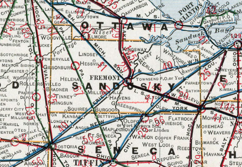 Sandusky County, Ohio 1901 Map, Fremont, Helena, Gibsonburg, Woodville, Burgoon, Clyde, Vickery, Bellevue, Lindsey, Havens, OH
