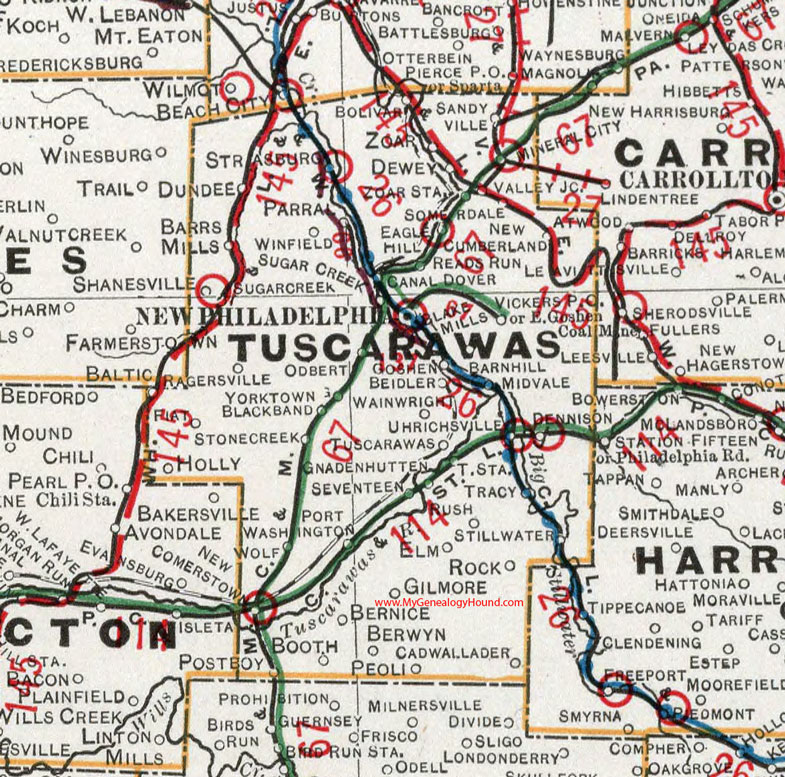 Tuscarawas County, Ohio 1901 Map, New Philadelphia, Dover, Sugarcreek, Strasburg, Bolivar, Mineral City, Midvale, Sandyville, Dundee, Gnadenhutten, Dennison, Uhrichsville, OH