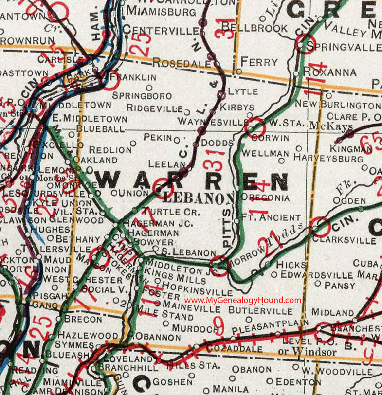 Warren County, Ohio 1901 Map, Lebanon, Springboro, Franklin, Carlisle, Waynesville, Morrow, Mason, Hopkinsville, Maineville, Socialville, OH