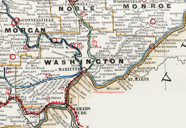 Washington County, Ohio 1901 Map, Marietta, Beverly, Belpre, Rockland, Little Hocking, New Matamoras, Whipple, Lowell, Coal Run, Watertown, Bartlett, OH