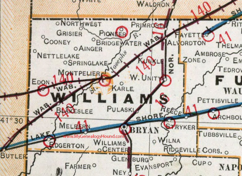 Williams County, Ohio 1901 Map, Bryan, Montpelier, Stryker, Edon, Pioneer, West Unity, Edgerton, Blakeslee, Alvordton, Primrose, Cooney, OH