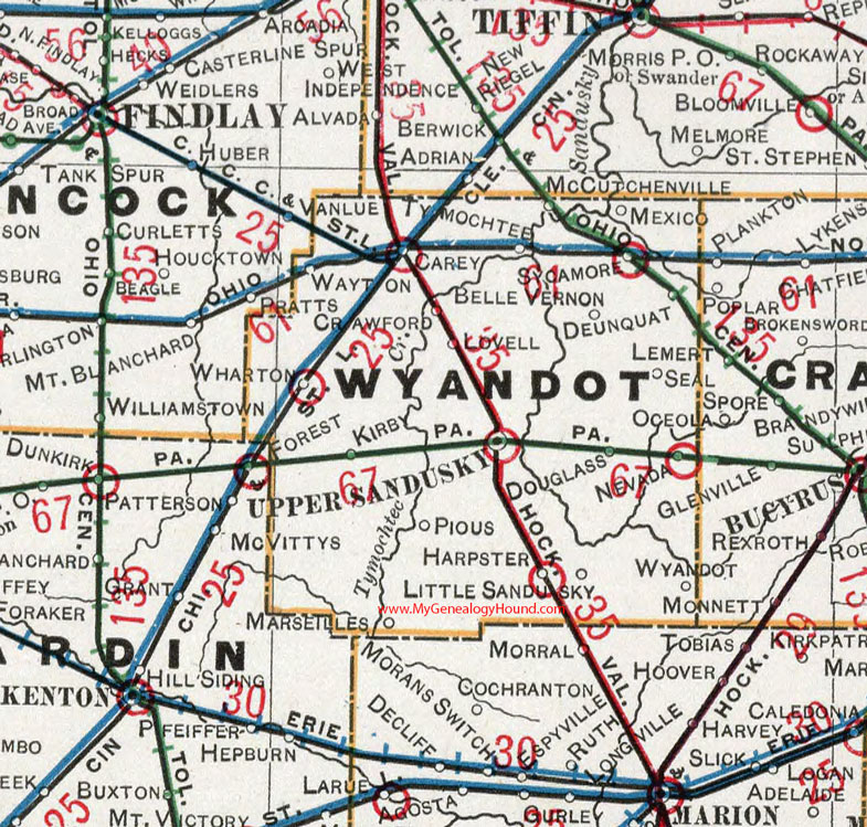 Wyandot County, Ohio 1901 Map, Upper Sandusky, Nevada, Wharton, Harpster, Marseilles, Kirby, McCutchenville, Carey, Sycamore, Pious, OH