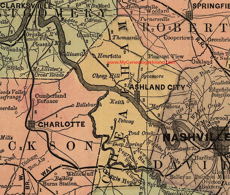 Cheatham County, Tennessee 1888 Map Ashland City, Henrietta, Thomasville, Craggie Hope, Kingston Springs, Marrowbone, Petway, Cheap Hill, Pegram's Station, TN