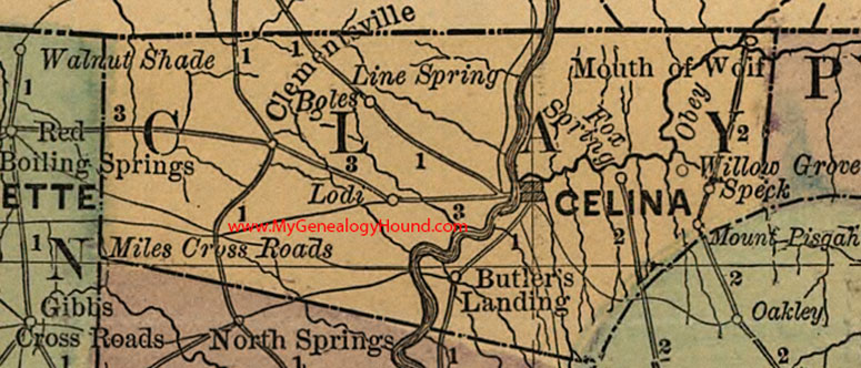 Clay County, Tennessee 1888 Map Celina, Butler's Landing, Willow Grove, Speck, Lodi, Boles, Clementsville, Line Spring, Miles Cross Roads, Mouth of Wolf, Mount Pisgah, TN