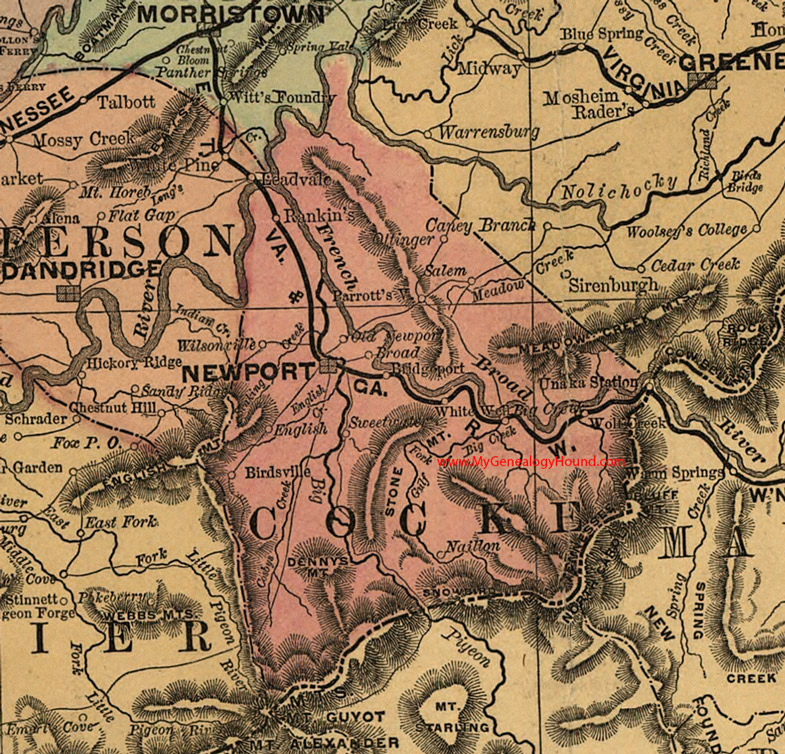 Cocke County, Tennessee 1888 Map Newport, Ottinger, Parrottsville, Naillon, Birdsville, English, Bridgeport, Unaka, Rankin's, TN