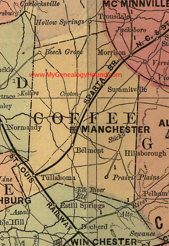 Coffee County, Tennessee 1888 Map Manchester, Tullahoma, Beech Grove, Summitville, Croton, Belmont, Stick, Hillsborough, Prairie Plains, TN
