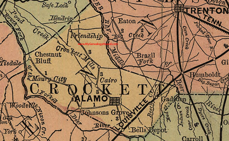 Crockett County, Tennessee 1888 Map, Alamo, Gadsden, Friendship, Cairo, Chestnut Bluff, Maury City, Johnsons Grove, Bells Depot, TN