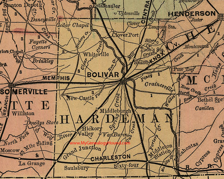 Hardeman County, Tennessee 1888 Map Bolivar, Whiteville, New Castle, Saulsbury, Sixty-four, Shandy, Clover Port, Pine Top, Van Buren, TN