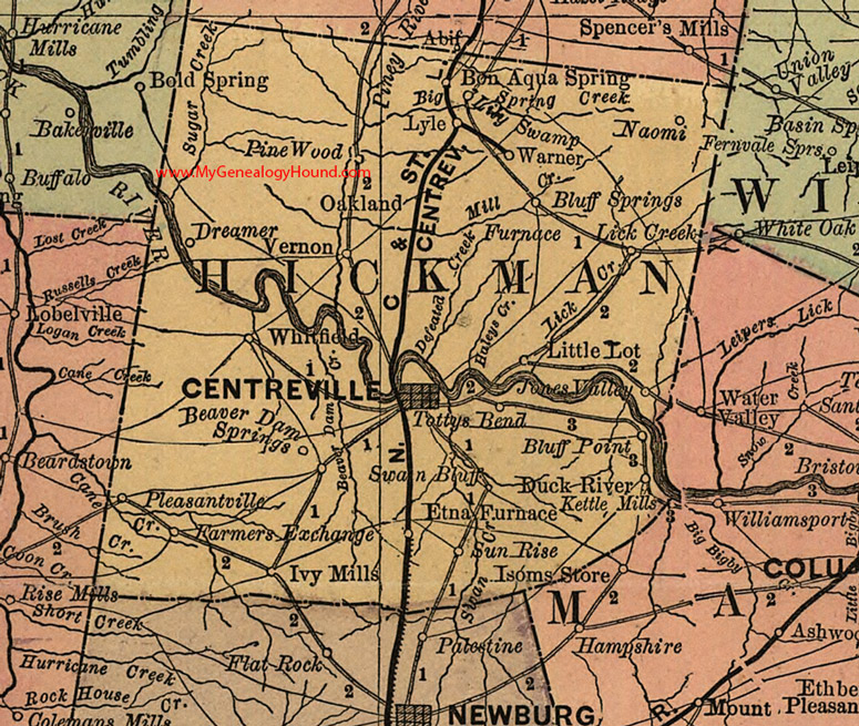 Hickman County, Tennessee 1888 Map Centreville, Centerville, Ivy Mills, Pleasantville, Bon Aqua Spring, Naomi, Dreamer, Vernon, Oakland, Etna Furnace, TN 