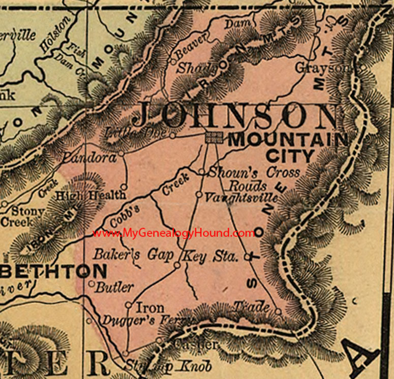 Johnson County, Tennessee 1888 Map Mountain City, Vaughtsville, Pandora, High Health, Shady, Little Doe, Baker's Gap, Iron, Casper, Butler, Trade, TN