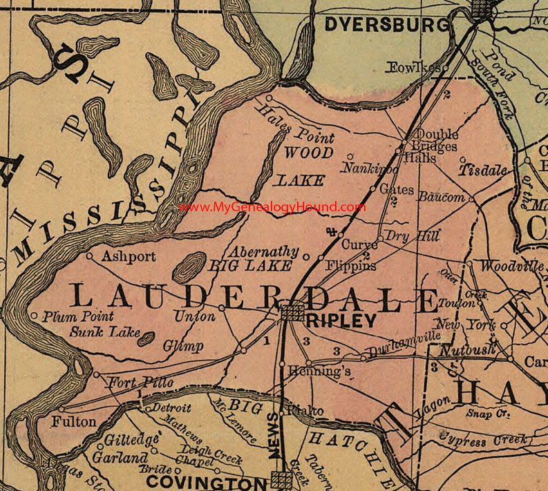Lauderdale County, Tennessee 1888 Map Ripley, Halls, Gates, Henning's, Fulton, Ashport, Baucom, Flippins, Tisdale, Nankipoo, Fort Pillow, TN