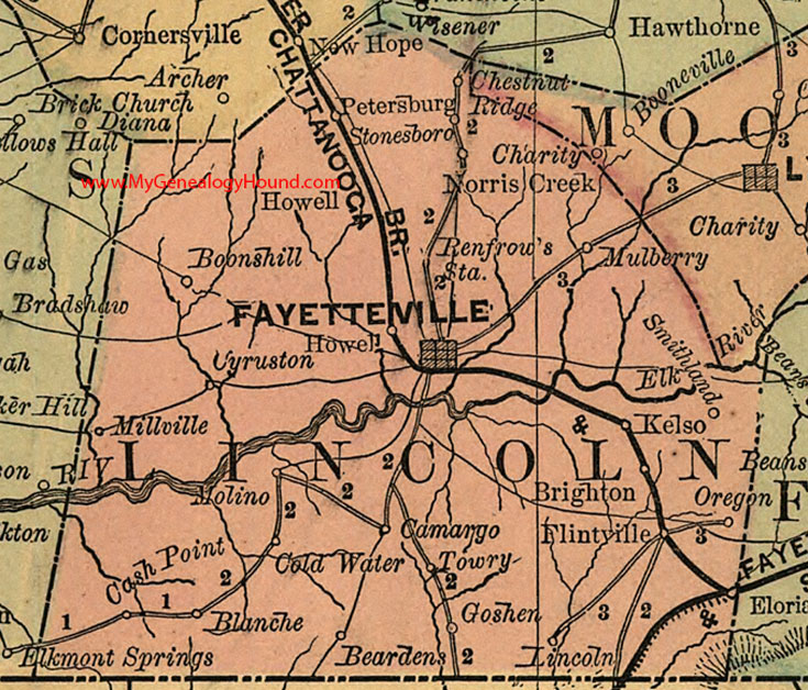 Lincoln County, Tennessee 1888 Map Fayetteville, Flintville, Blanche, Cash Point, Camargo, Towry, Goshen, Kelso, Beardens, TN