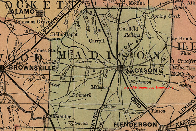 Madison County, Tennessee 1888 Map Jackson, Malesus, Medon, Oakfield, Rollins, Pinson, Catalpa, Carroll, Deanburgh, TN