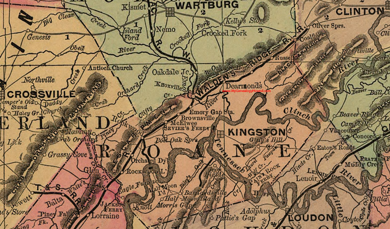 Roane County, Tennessee 1888 Map Kingston, Rockwood Landing, Post Oak Springs, Rockwood, DeArmond, Brownsville, McElwee, Russell, Coalfield, Knott, TN