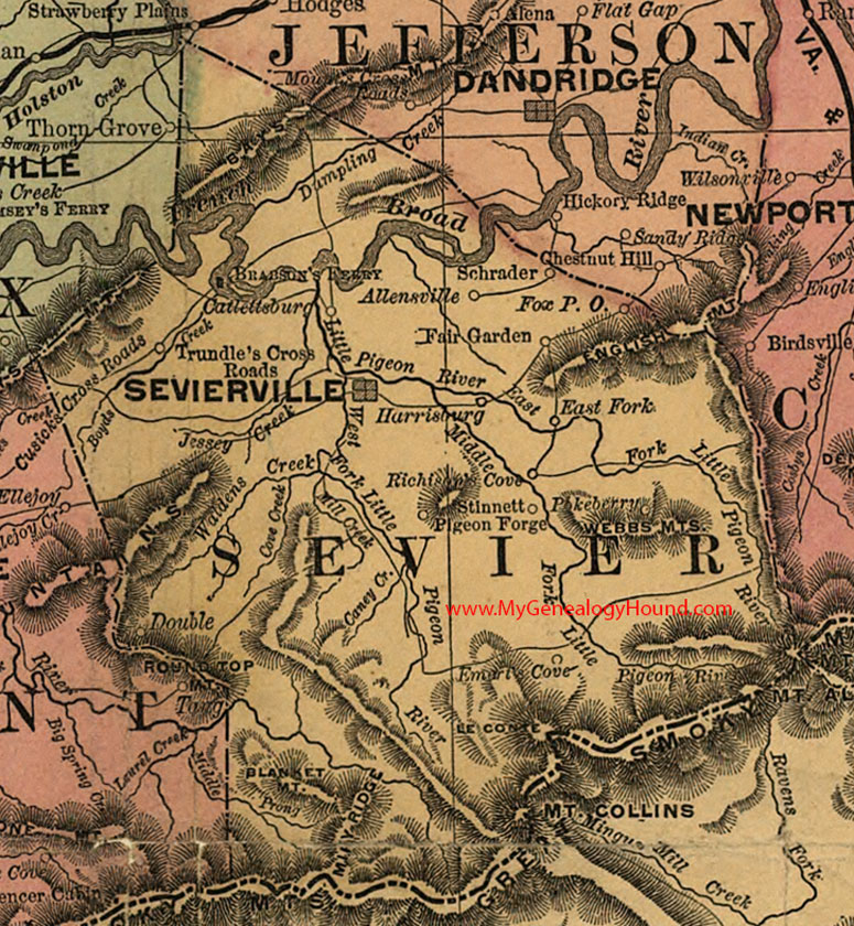 Sevier County, Tennessee 1888 Map Sevierville, Pigeon Forge, Schrader, Catlettsburg, Allensville, Stinnett, Harrisburg, Fair Garden, Fox, Emerts Cove, TN