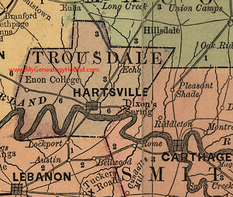 Trousdale County, Tennessee 1888 Map Hartsville, Enon College, Echo, Dixon's Spring, TN