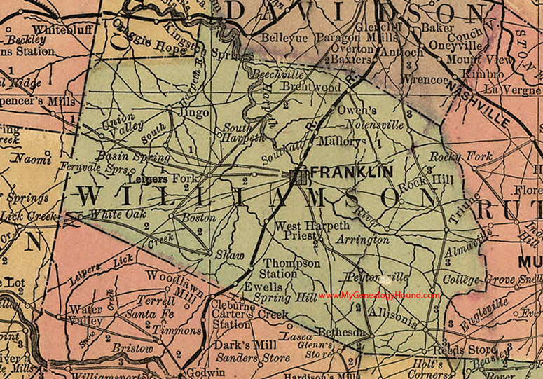 Williamson County, Tennessee 1888 Map Franklin, Brentwood, Jingo, Mallorys, Boston, Allisonia, Arrington, Nolensville, Triune, TN