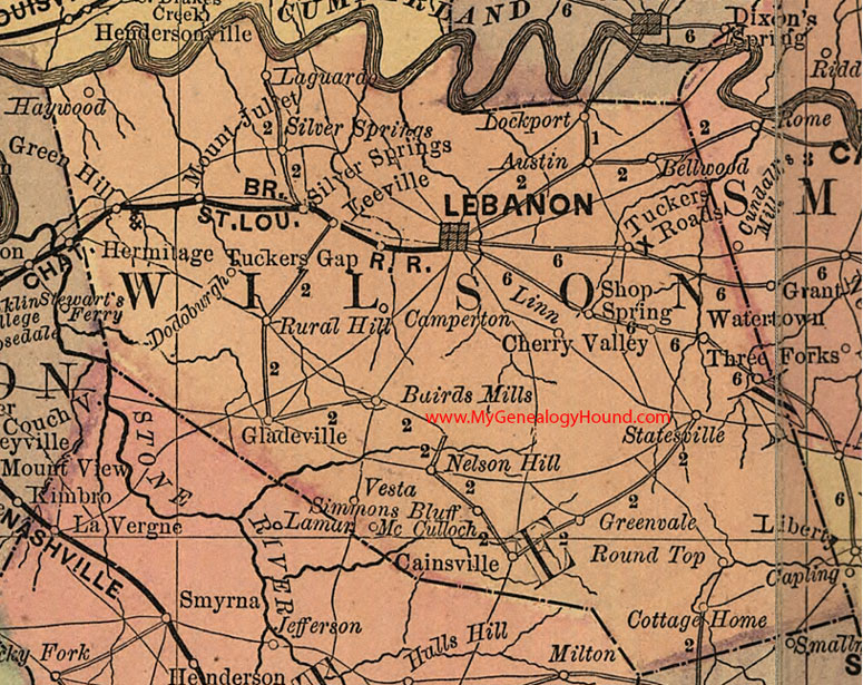 Wilson County, Tennessee 1888 Map Lebanon, Watertown, Green Hill, Mount Juliet, Cainsville, McCulloch, Iaguardo, Silver Springs, Linn, TN