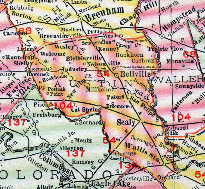 Austin County, Texas, 1911, Map, Rand McNally, Bellville, Sealy, Wallis, San Felipe, New Ulm, Kenney, Bleiblerville