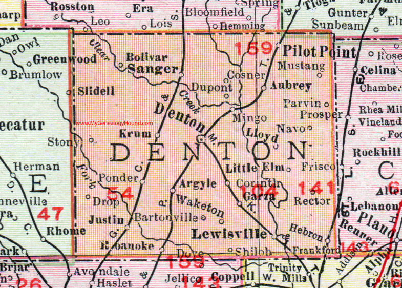 Denton County, Texas, 1911, Map, Denton City, Lewisville, Pilot Point, Sanger, Krum, Little Elm, Argyle, Hebron, Roanoke, Bolivar, Cosner, Mustang, Parvin, Mingo